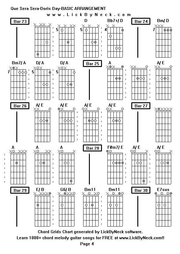 Chord Grids Chart of chord melody fingerstyle guitar song-Que Sera Sera-Doris Day-BASIC ARRANGEMENT,generated by LickByNeck software.